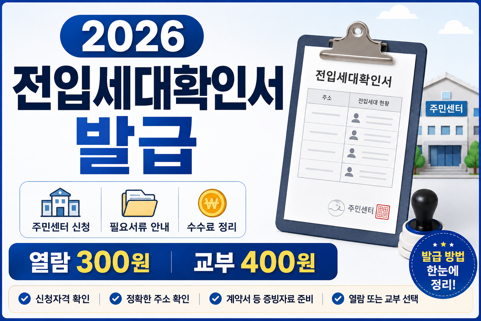 전입세대확인서 발급 2026 주민센터 신청 필요서류 수수료